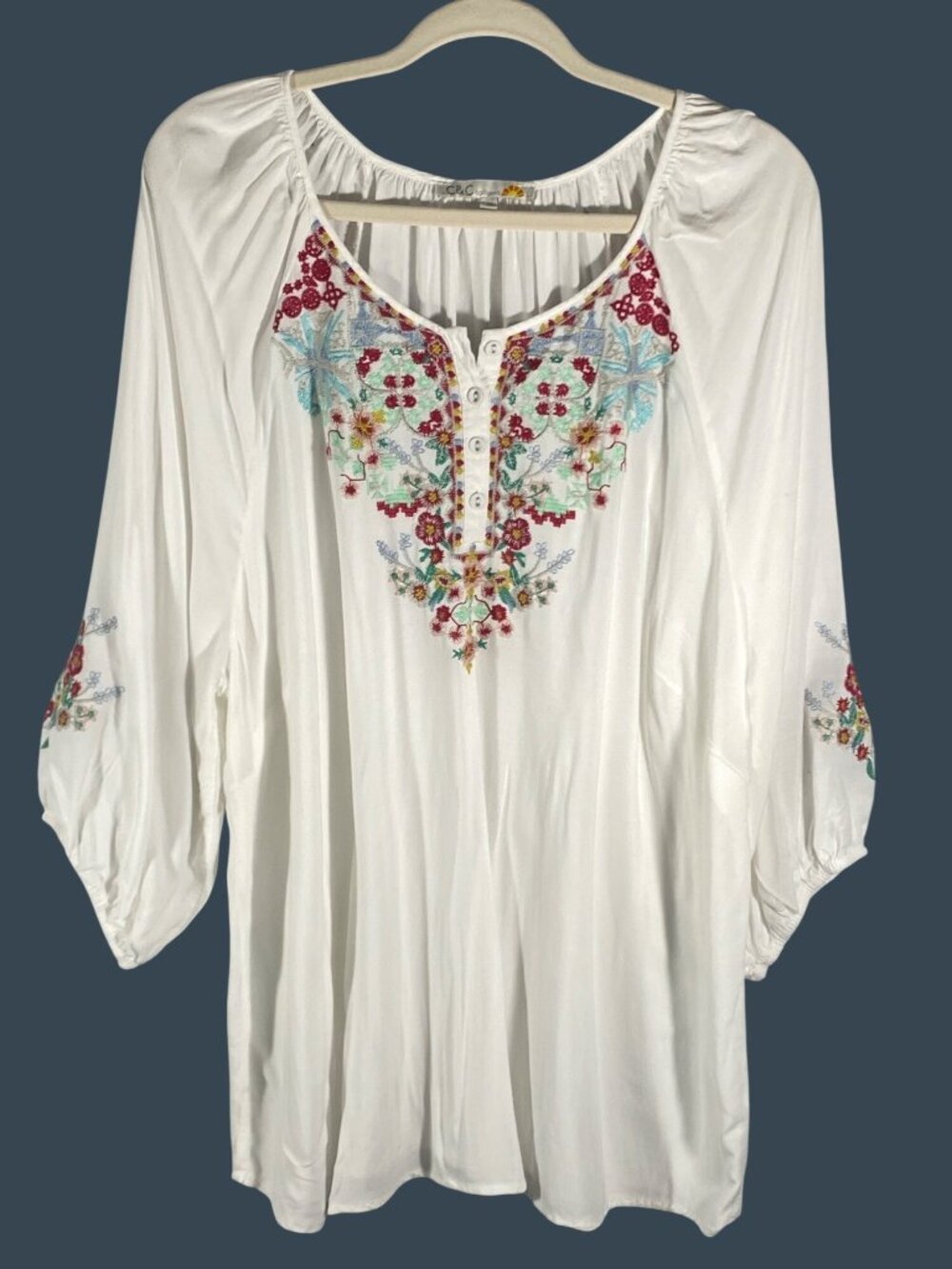 C&C California White Embroidered lightweight Peasant Tunic Blouse 1X  Boho Style